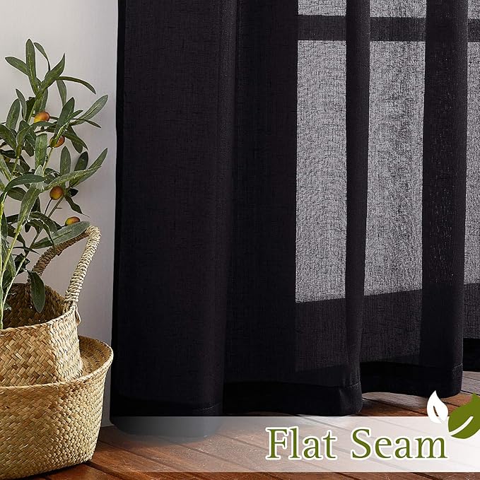 NICETOWN Black Curtains Linen Sheer Textured, Grommet Semi Sheer Linen Blend Bedroom Curtains Privacy with Light Through Window Treatment for Boys Room/Office, W52 x L90, 2 Pieces