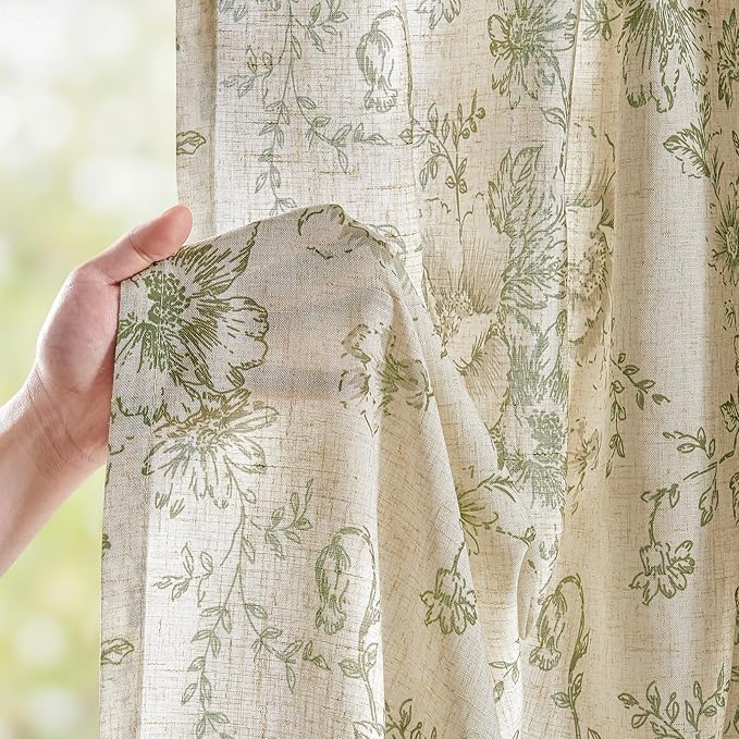 jinchan Linen Blend Floral Curtains for Living Room 45 Inch Length Farmhouse Printed Curtain Rod Pocket Back Tab Sage Green Peony Flower Patterned Drapes Bedroom Curtains Set 2 Panels
