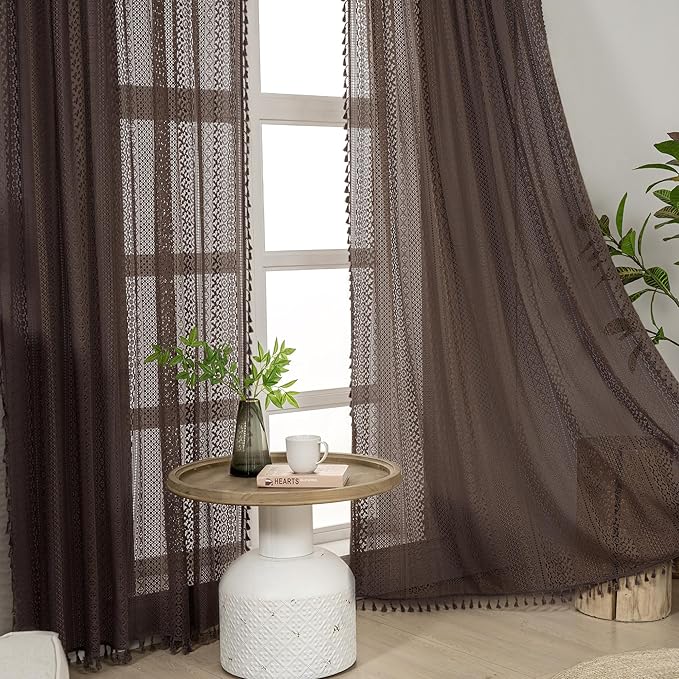 WAZZIO Boho Lace Curtains 84 Inches 2 Panel,Light Filtering Privacy Tassel & Geometry Crochet Semi Sheer Curtain Drapes for Bedroom Living Dining Room,Rod Pocket & Tassel,Chocolate Brown