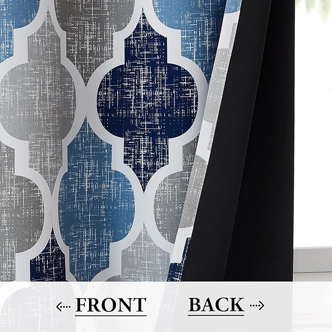 Beauoop 100% Blackout Curtains 90 Inches Long 2 Panels for Bedroom Living Room Blue Grey Moroccan Geo Room Darkening Thermal Insulated Soundproof Grommet Top Window Treatments Drapes, 50x90 Set of 2