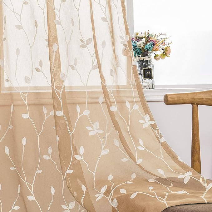 AmHoo 2 Panels Embroidered Leaf Pattern Semi Sheer Curtains Foliage Floral Voile Window Draperies Treatment for Bedroom Living Room Rod Pocket Beige 53 x 63 Inch