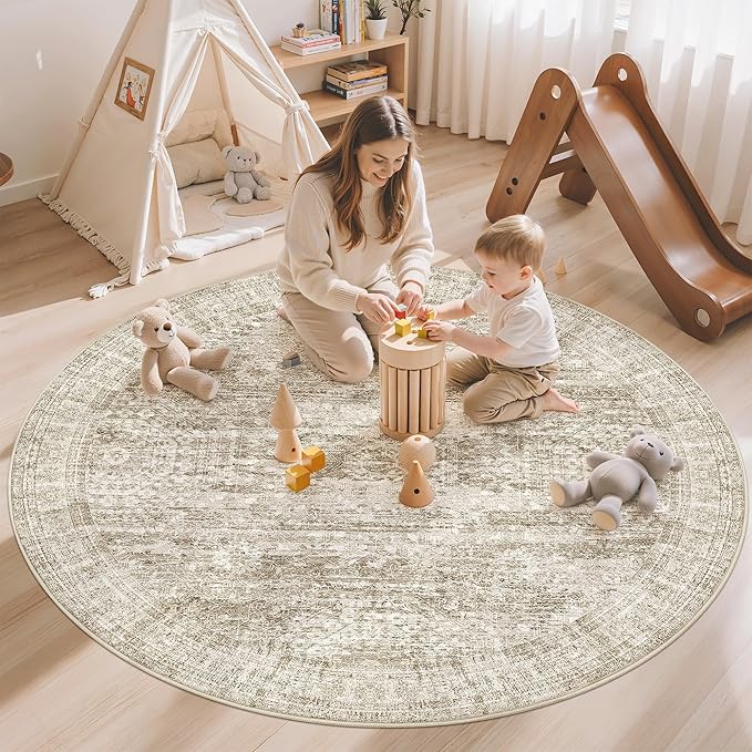 Soalmost 5x5 Brown Round Rug 5ft Living Room Circle Rug Vintage Round Area Rug Non Slip Indoor Carpet for Entryway Dining Room Bedroom