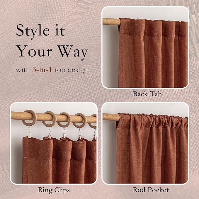 MYSKY HOME Extra Long Curtains for Living Room 96 Inches Light Filtering Semi Sheer Sliding Door Curtains Bedroom Window Drapes Privacy Back Tab Farmhouse Boho Modern, Terracotta, 50" x 96", 2 Panels