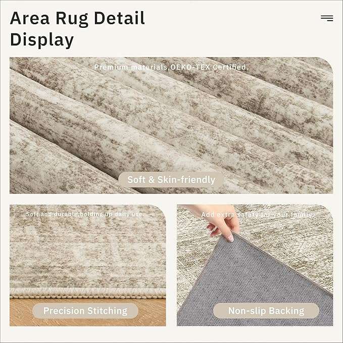 Area Rug 10x12 Vintage Washable Living Room Large Carpet Non Slip Bedroom Indoor Office Dining Room Low Pile Thin Rug Brown