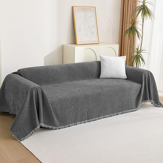MYSKY HOME Loveseat Cover Charcoal Gray Couch Cover Sectional Couch Covers for 2 Cushion Couch Sofa Thick Universal Chenille Sofa Cover with Tassel Durable Furniture Protector for Dogs 91" x 118"