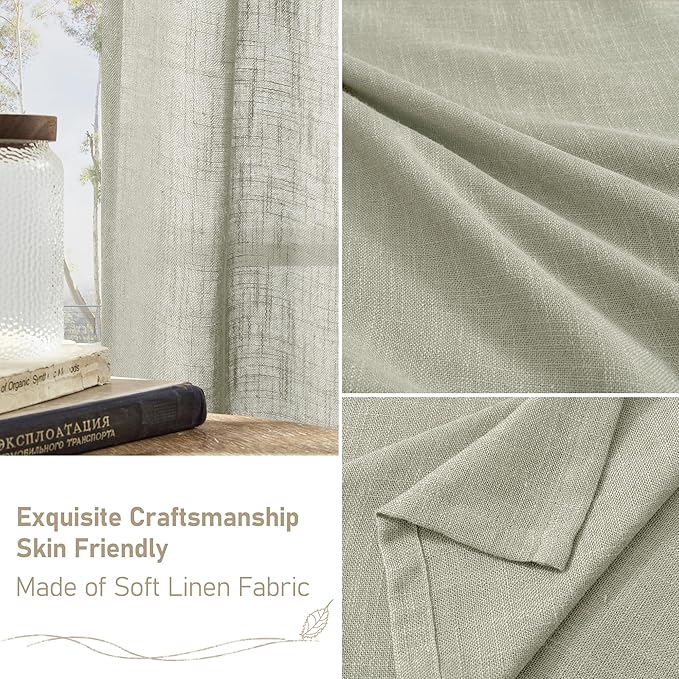 LAMIT Linen Curtains 63 Inch Length 2 Panels, Light Filtering Panels Back Tab and Rod Pocket Neutral Drapes for Bedroom/Window/Living Room, Sage Grey, 34 x 63 Inch