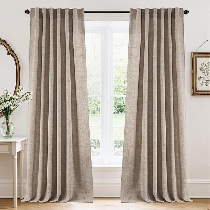 RYB HOME Linen Sheer Curtains and Drapes for Living Room and Dining Room 102 inches Length, Breathable Back Tab/Rod Pocket Semi Sheer Curtains, Oatmeal, W 52 x L 102 inches, 2 Panels Set