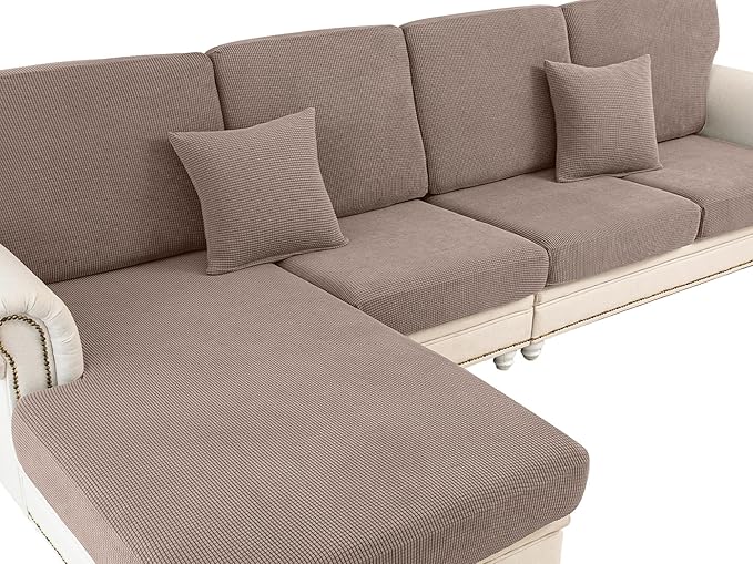 Couch Cushion Cover Chaise Lounge Cover Washable Separate Seat Chaise Couch Cover Stretch Sectional Sofa Slipcover(1 Piece for Chaise or Sofa 3-Seater, Khaki)