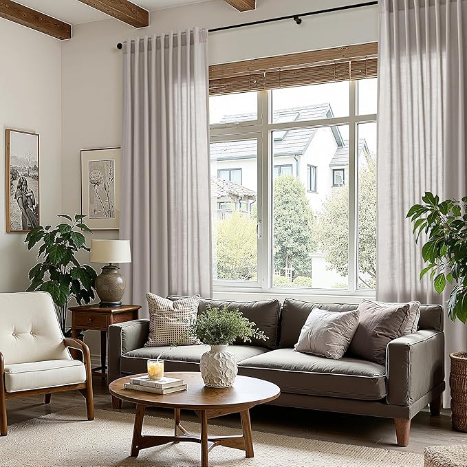 Nanspring Stone Grey Linen Curtains 96 Inches Long for Living Room Simple Modern Light Filtering Semi Sheer Curtain Back Tab and Rod Pocket Neutral Luxury Drapes for Bedroom Office 52x96, 2 Panels