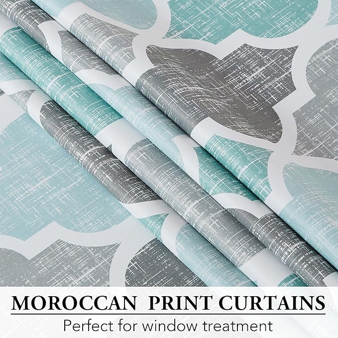 Beauoop 100% Blackout Curtains 84 Inches Long 2 Panels for Bedroom Living Room Aqua Grey Moroccan Geo Room Darkening Thermal Insulated Soundproof Grommet Top Window Treatments Drapes, 50x84 Set of 2