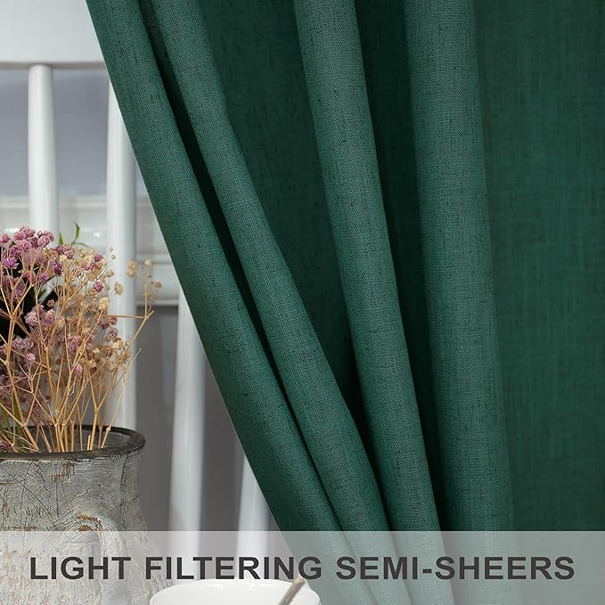 Dark Green Curtains 108 Inches Long for Living Room 2 Panels Back Tab Pocket Semi Sheer Linen Deep Hunter Forest Curtains for Patio Door Aesthetic Academia Decor Christmas Background Cortinas Verdes