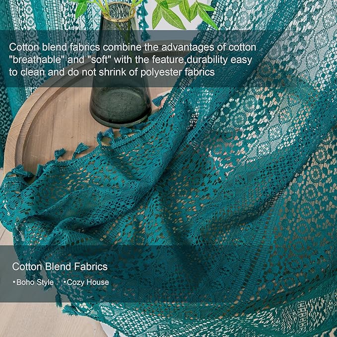 WAZZIO Boho Lace Curtains 72 Inches 2 Panel,Light Filtering Privacy Tassel & Geometry Crochet Semi Sheer Curtain Drapes for Bedroom Living Dining Room,Rod Pocket & Tassel,Coastal Style,Teal