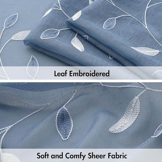 MIULEE Dusty Blue Sheer Curtains 2 Panels Embroidered Leaf Patterned Rod Pocket Floral Semi Sheer Faux Linen Window Curtains Drapes Set for Living Room Bedroom Dining Room, 52x84 Inches Long