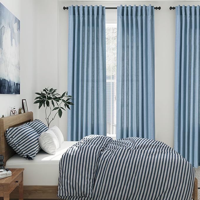 Linen Blue Curtains 108 inch Extra Long for Living Room Back Tab Light Filtering Semi Sheer Drapes Modern Farmhouse Coastal Decor Textured Curtain for Floor to Ceiling High Window 52x108