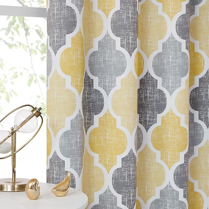 Beauoop 100% Blackout Curtains 108 Inches Long 2 Panels for Bedroom Living Room Yellow Grey Moroccan Geo Room Darkening Thermal Insulated Soundproof Grommet Top Window Treatments Drapes, 50x108x2