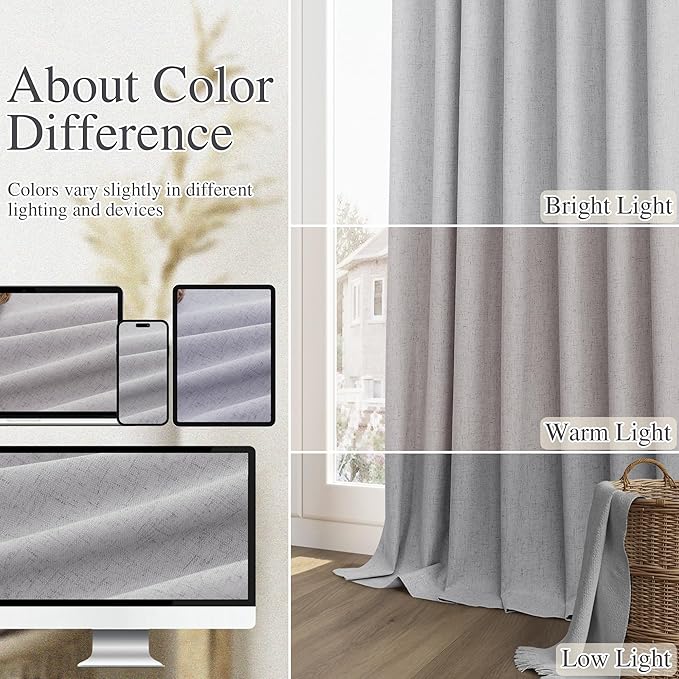 Guken Grey 100% Blackout Curtains 63 Inch Length 2 Panels Set for Living Room Bedroom Back Tab Thermal Insulated Black Out Linen Drapes Room Darkening Window Curtains 63 Inches Long