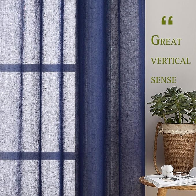 NICETOWN Dark Blue Flax Sheer Linen Curtains for Windows, Grommet Top 45" Length Natural Linen Blend Sheer Drapes Semitransparent Privacy Panels for Farmhouse/Bedroom, 52" Wide, Set of 2