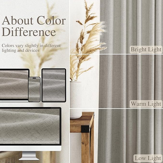 Silver Grey Linen Curtains 102 Inches for Living Room Bedroom Extra Long Back Tab Curtain Neutral Farmhouse Light Filtering Semi Sheer Ceiling to Floor for Large Window Office 2 Panels