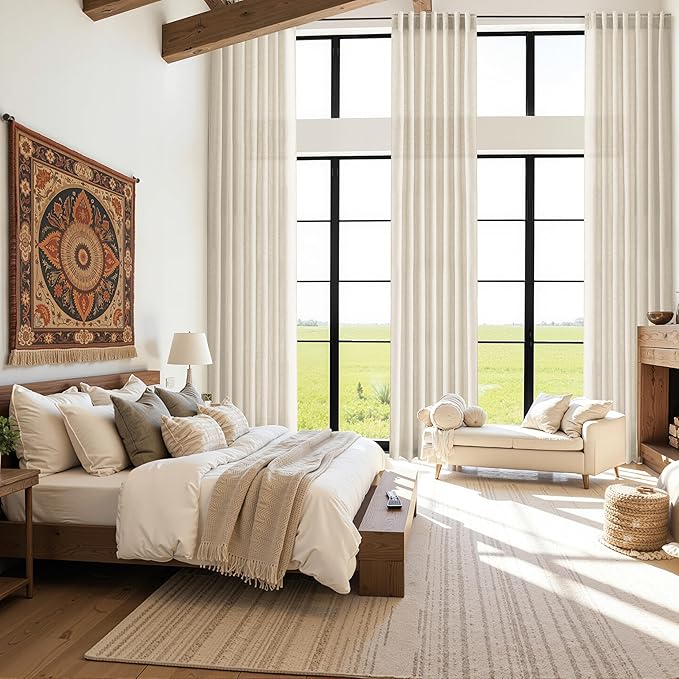 Birch Beige Linen Curtains 132 Inch Length for Living Room Light Filtering Semi Sheer Curtain Back Tab Modern Farmhouse Decor Elegant Drapes Floor to Ceiling High Window for Bedroom 52x132, 2 Panels