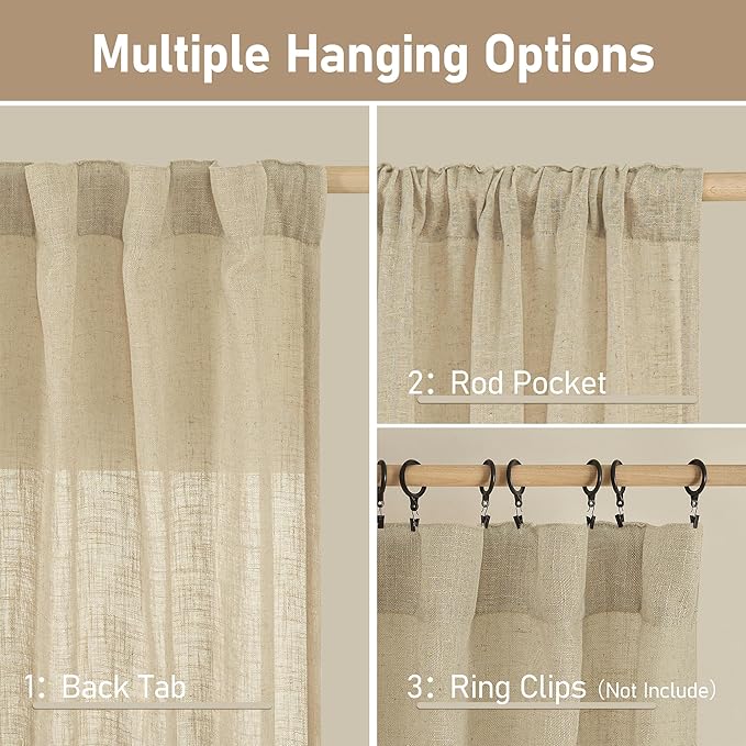 LAMIT Linen Kitchen Curtains 24 Inch Length, Semi Sheer Light Filtering Window Panels Back Tab and Rod Pocket Drapes for Basement/Small Windows, 25 x 24 Inch, 2 Panels