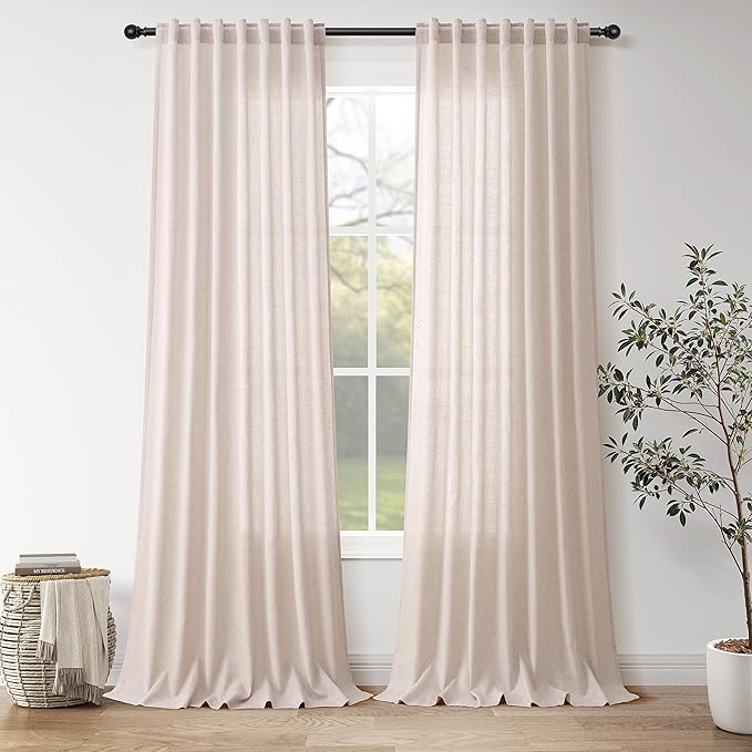 Nanspring Natural White Linen Curtains 96 Inches Long for Living Room Light Filtering Neutral Farmhouse Decor Curtains Back Tab and Rod Pocket Privacy Sheer Curtain for Bedroom 52x96, 2 Panels