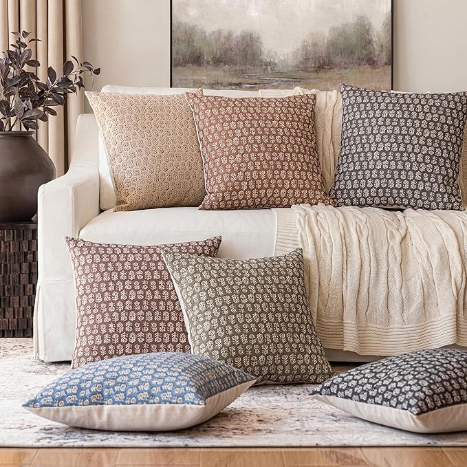 Foindtower Set of 2 Decorative Vintage Floral Print Throw Pillow Covers Neutral Modern Farmhouse Cushion Covers Boho Home Decor for Sofa Couch Chair Bedroom Living Room,18×18 Inch,Rustic Gray