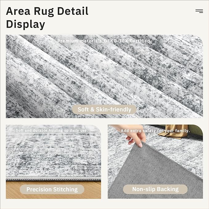 Runner Rug 2'6" x 16' Washable Non-Slip 2.5x16 ft Long Runner Rugs for Kitchen Bathroom Laundry Room Vintage Ultra Thin Runners for Hallway Entryway Grey