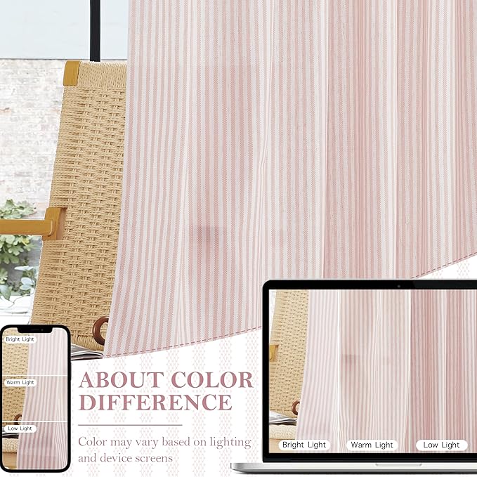 RYB HOME Linen Cafe Curtains 24 inch Length, Kitchen Farmhouse Striped Tier Curtains for Living Room Bathroom Tickingstripe Small Window Rustic Pinstripe Valances, Pink, W26 x L24, 2 Panels