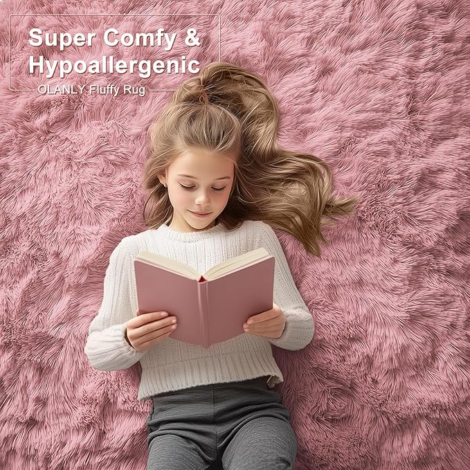 OLANLY 8x10 Machine Washable Large Area Rugs for Living Room, Bedroom, Soft Fluffy Shaggy Bedside Rug, Indoor Floor Carpet for Kids Girls and Boys, Dorms, Nursery, Home Decor Aesthetic, Pale Pink