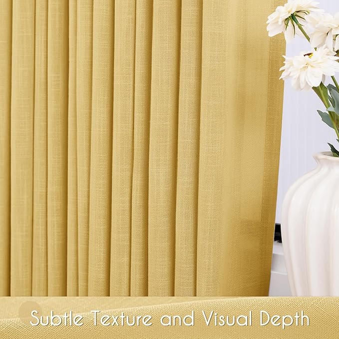 Gold Curtains for Living Room Back Tab Modern Farmhouse Semi Sheer Curtains 90 inches Long 2 Panels Set Muted Neutral Window Curtain for Dining Room Bedroom 52x90