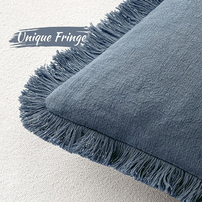 MIULEE Decorative Throw Pillow Covers Neutral Linen Fringe Throw Pillows Set of 2 Blue Ashes Boho Farmhouse Cushion Covers with Tassels for Couch Sofa Bed Spring Home Decor 26x26 Inch
