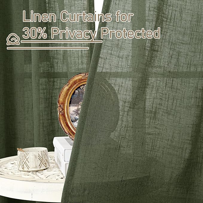 LAMIT Olive Green Linen Semi Sheer Curtains 63 Inch for Bedroom, Light Filtering Christmas Window Curtains Farmhouse Boho Back Tab and Rod Pocket Panels, 2 Panels, 38 x 63 Inch