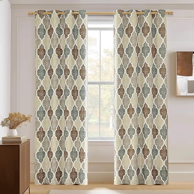 Beauoop 100% Blackout Curtains 90 Inches Long 2 Panels for Bedroom Living Room Brown Grey Moroccan Geo Room Darkening Thermal Insulated Soundproof Grommet Top Window Treatments Drapes, 50x90 Set of 2