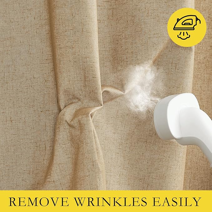 NICETOWN 100% Absolutely Blackout Linen Curtains with Thermal Insulated White Liner, Camel, 34" Wide by 48" Long, 2 Pieces, Linen Blend Window Drapes Privacy Window Treatments for Bedroom/Kids Room