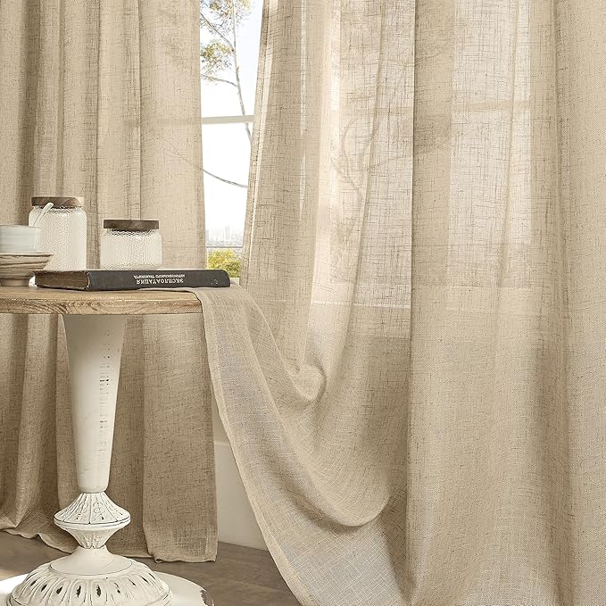 LAMIT Linen Blended Window Curtains 63 inch Length for Bedroom, Soft Semi Sheer Light Filtering Burlap Curtain Panles with Bronze Grommet Drapes for Living Room, 2 Panels Set, 52 x 63 Inch, Brown
