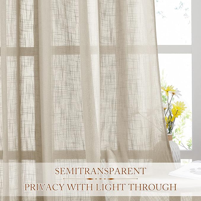 NICETOWN Sheer Curtains 84 inches Long, Linen Textured Rod Pocket & Back Tab Privacy Sheer Drapes with Light Through for Sliding Glass Door & Living Room Taupe, 52" Wide Per Panel, 1 Pair
