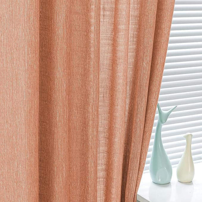 MYSKY HOME Orange Curtains for Bedroom, Short Curtains for Small Window, Boho Semi Sheer 2 Panel Set, Linen Style Texture for Closet/Kitchen, 50"x63", Burnt Orange