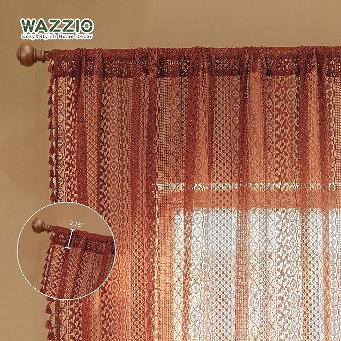 WAZZIO Boho Lace Curtains 72 Inches 2 Panel,Light Filtering Privacy Tassel & Geometry Crochet Semi Sheer Curtain Drapes for Bedroom Living Dining Room,Rod Pocket & Tassel,Full Decor,Burnt Orange